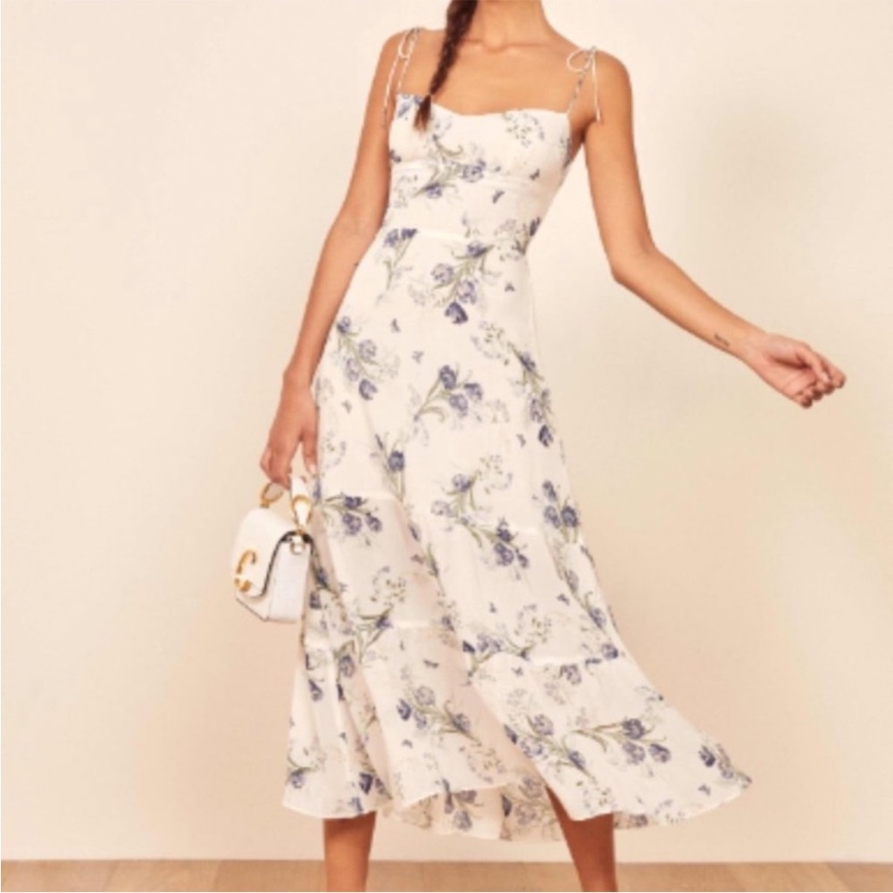 Reformation White Smocked Ruffled Midi Dress